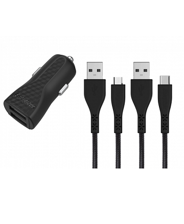 Energizer Energizer Car Charger 2.4A 2X + USB-C + Micro Cable Black